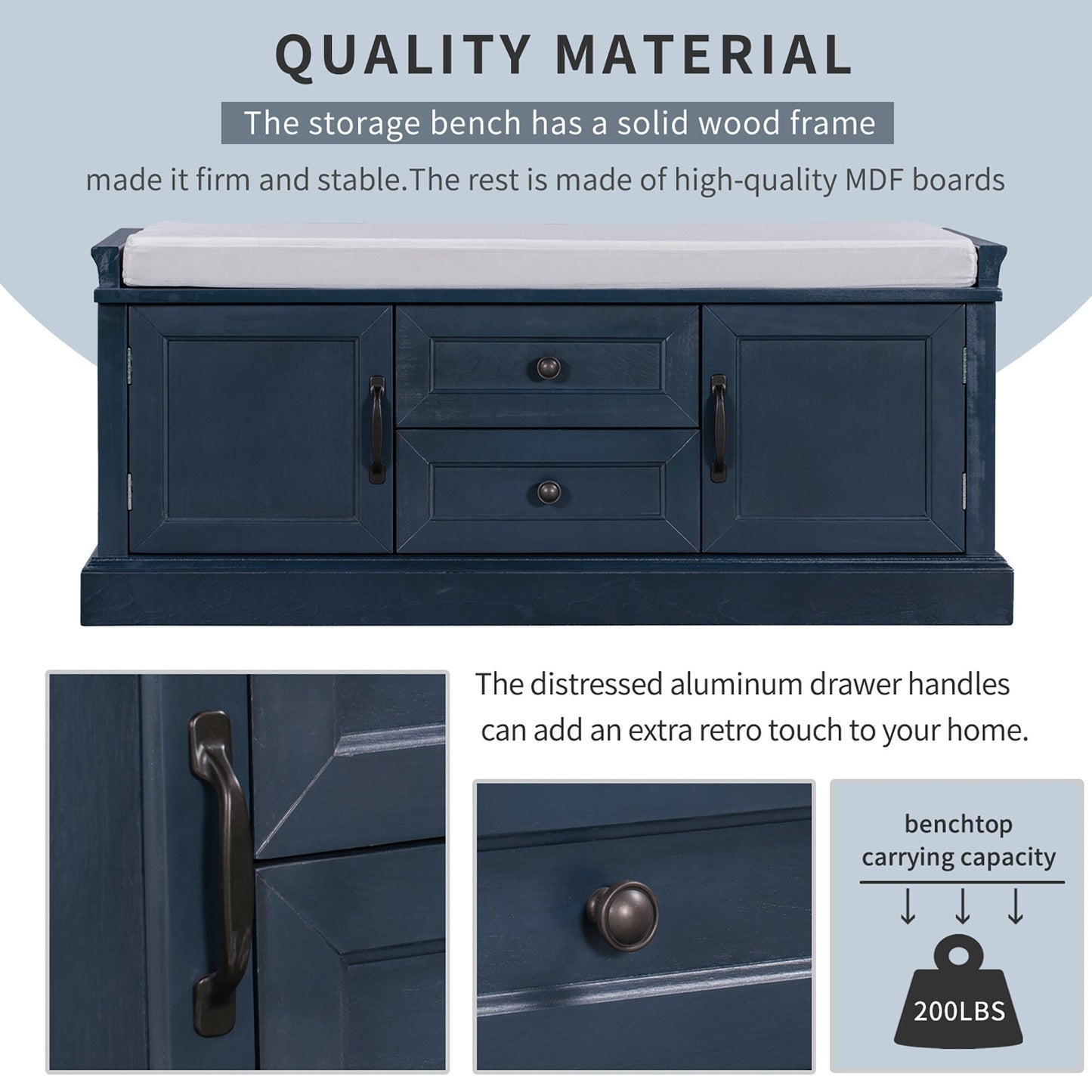 GZMR Storage Bench with 2 Drawers and 2 Cabinets Modern Navy Blue Storage Bench with Storage 42.5-in x 15.1-in x 17.5-in