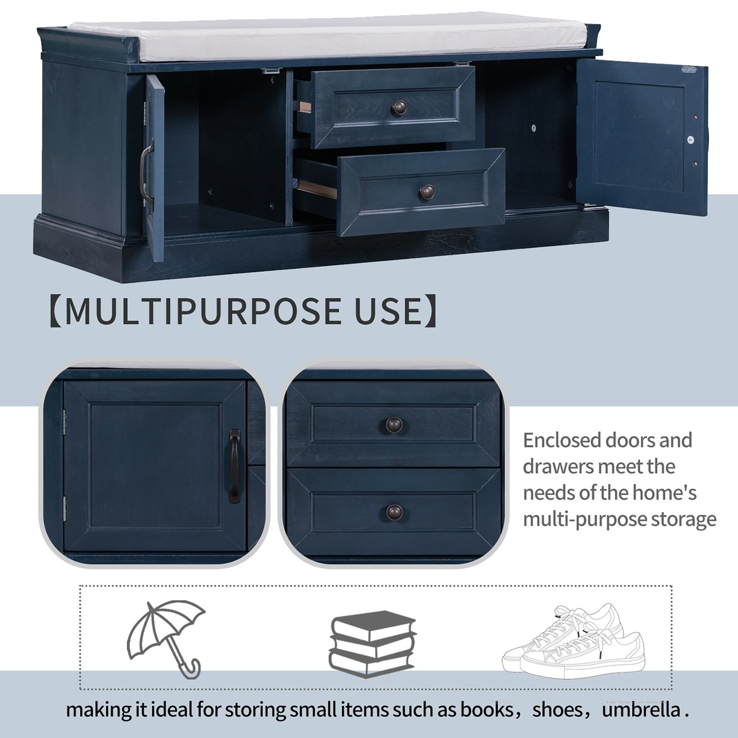 GZMR Storage Bench with 2 Drawers and 2 Cabinets Modern Navy Blue Storage Bench with Storage 42.5-in x 15.1-in x 17.5-in