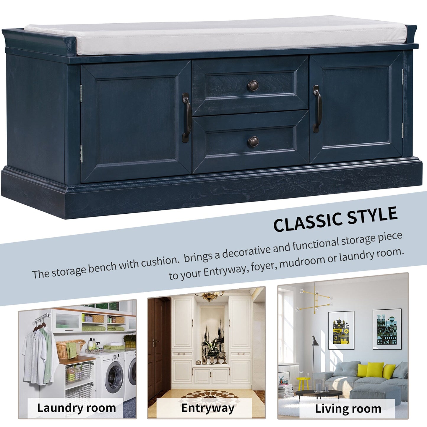 GZMR Storage Bench with 2 Drawers and 2 Cabinets Modern Navy Blue Storage Bench with Storage 42.5-in x 15.1-in x 17.5-in