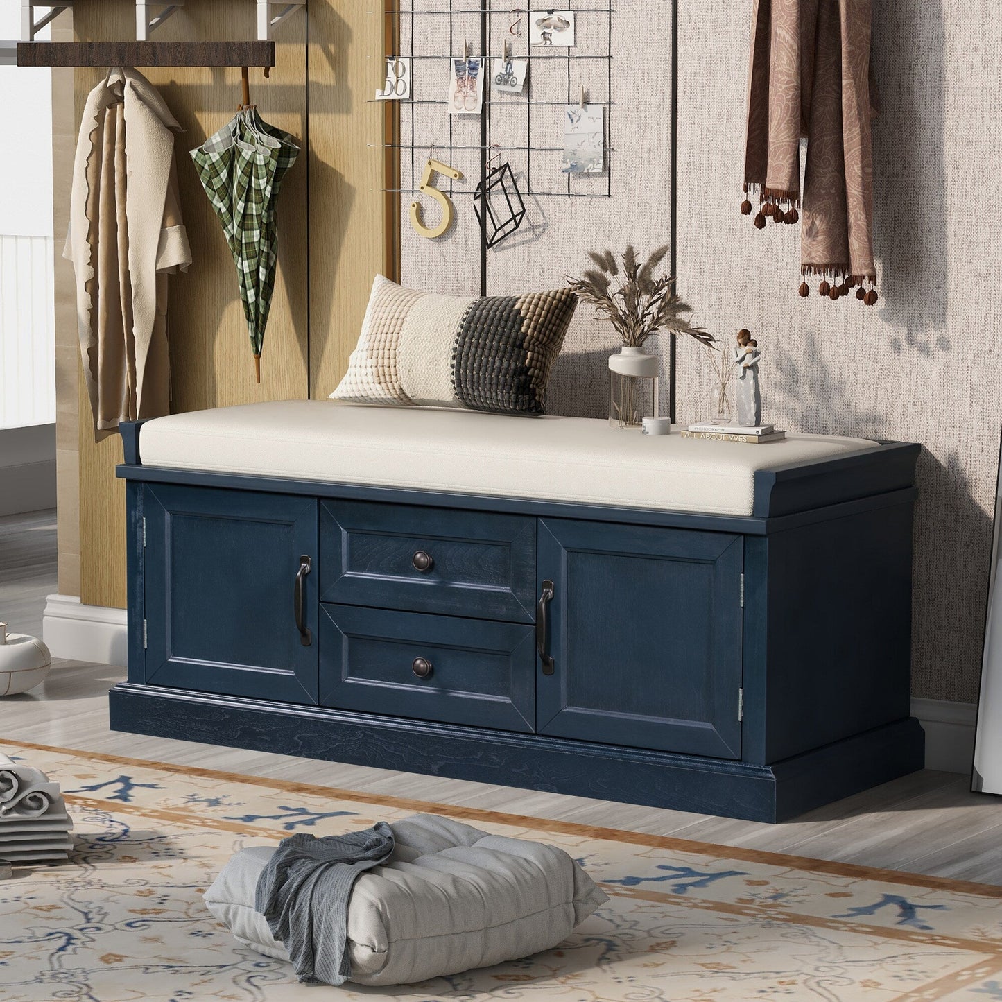GZMR Storage Bench with 2 Drawers and 2 Cabinets Modern Navy Blue Storage Bench with Storage 42.5-in x 15.1-in x 17.5-in