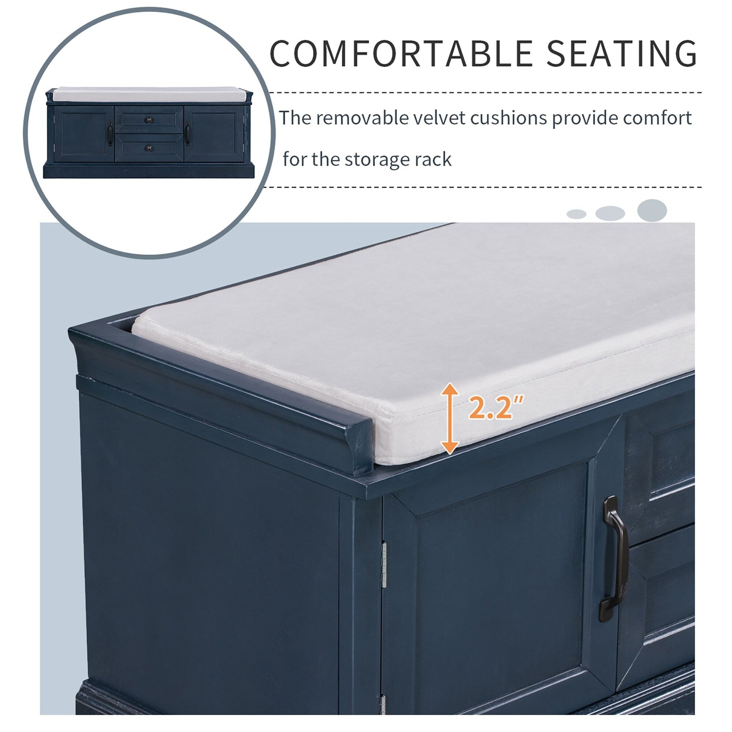 GZMR Storage Bench with 2 Drawers and 2 Cabinets Modern Navy Blue Storage Bench with Storage 42.5-in x 15.1-in x 17.5-in