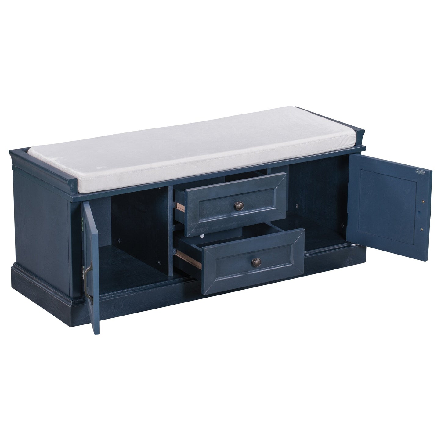 GZMR Storage Bench with 2 Drawers and 2 Cabinets Modern Navy Blue Storage Bench with Storage 42.5-in x 15.1-in x 17.5-in