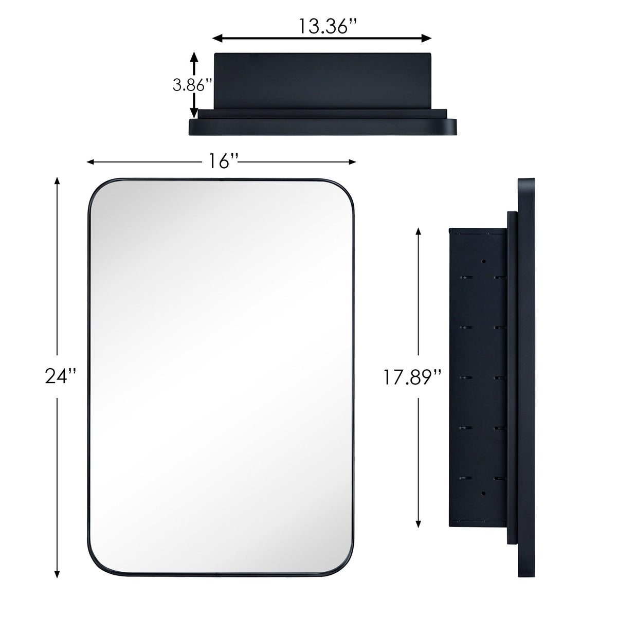 TEHOME 16-in x 24-in Recessed Mount Matte Black Mirrored Medicine Cabinet