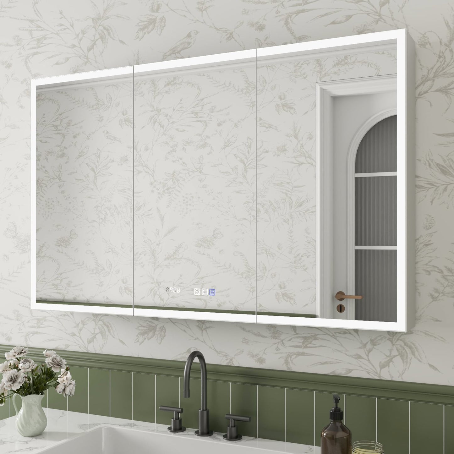 ExBrite Luvia 48-in x 30-in Lighted LED Fog Free Surface/Recessed Mount Silver Mirrored Soft Close Medicine Cabinet with Outlet