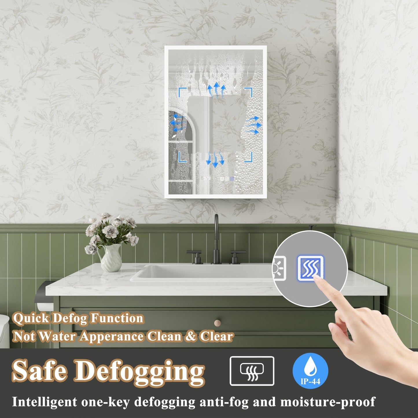ExBrite Luvia 20-in x 30-in Lighted LED Fog Free Surface/Recessed Mount Silver Mirrored Soft Close Medicine Cabinet with Outlet