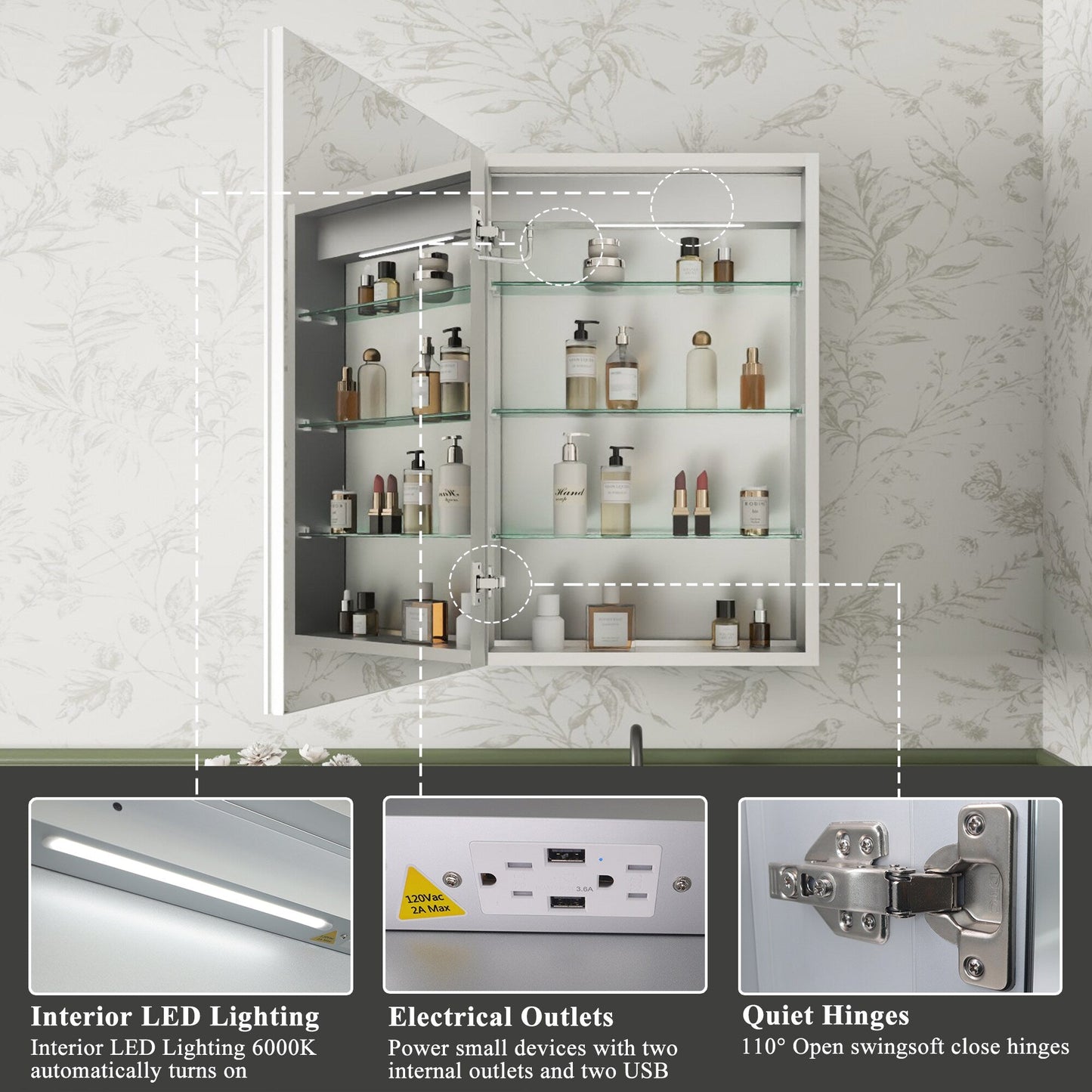 ExBrite Luvia 20-in x 30-in Lighted LED Fog Free Surface/Recessed Mount Silver Mirrored Soft Close Medicine Cabinet with Outlet