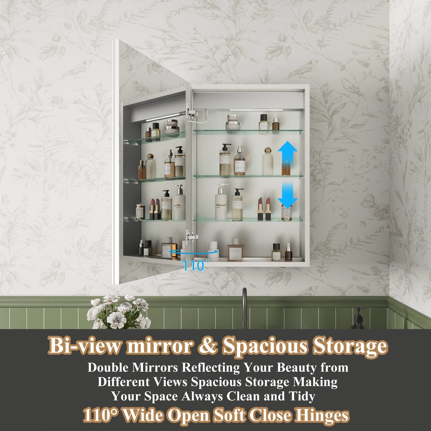 ExBrite Luvia 20-in x 30-in Lighted LED Fog Free Surface/Recessed Mount Silver Mirrored Soft Close Medicine Cabinet with Outlet