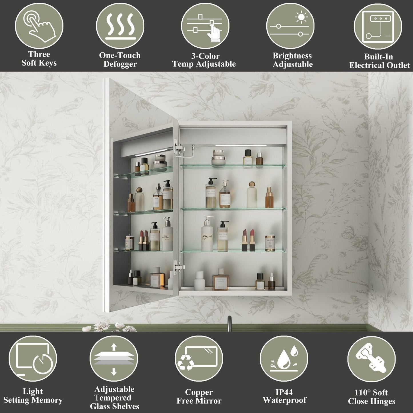 ExBrite Luvia 20-in x 30-in Lighted LED Fog Free Surface/Recessed Mount Silver Mirrored Soft Close Medicine Cabinet with Outlet