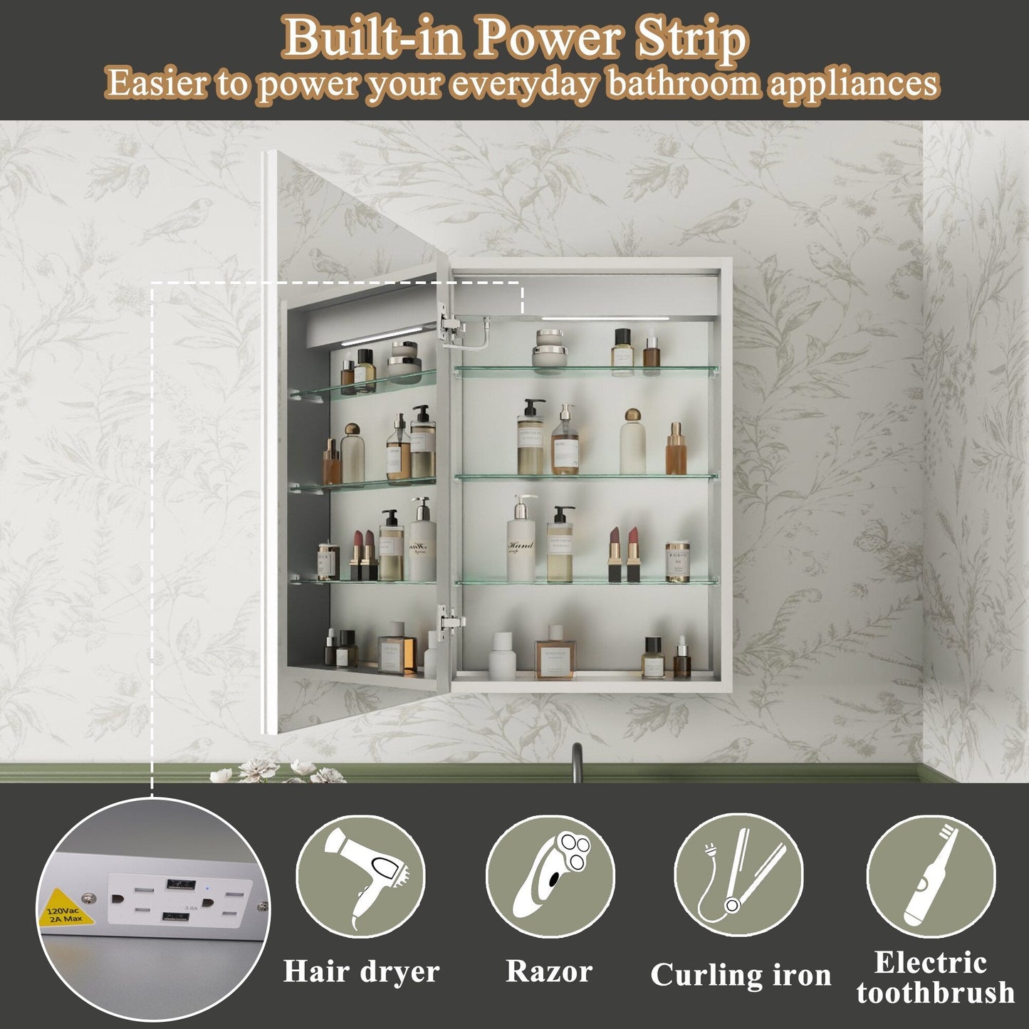 ExBrite Luvia 20-in x 30-in Lighted LED Fog Free Surface/Recessed Mount Silver Mirrored Soft Close Medicine Cabinet with Outlet