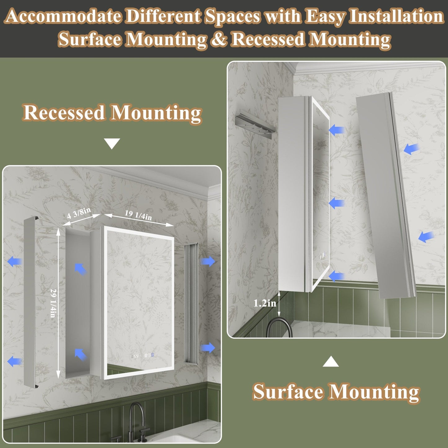 ExBrite Luvia 20-in x 30-in Lighted LED Fog Free Surface/Recessed Mount Silver Mirrored Soft Close Medicine Cabinet with Outlet