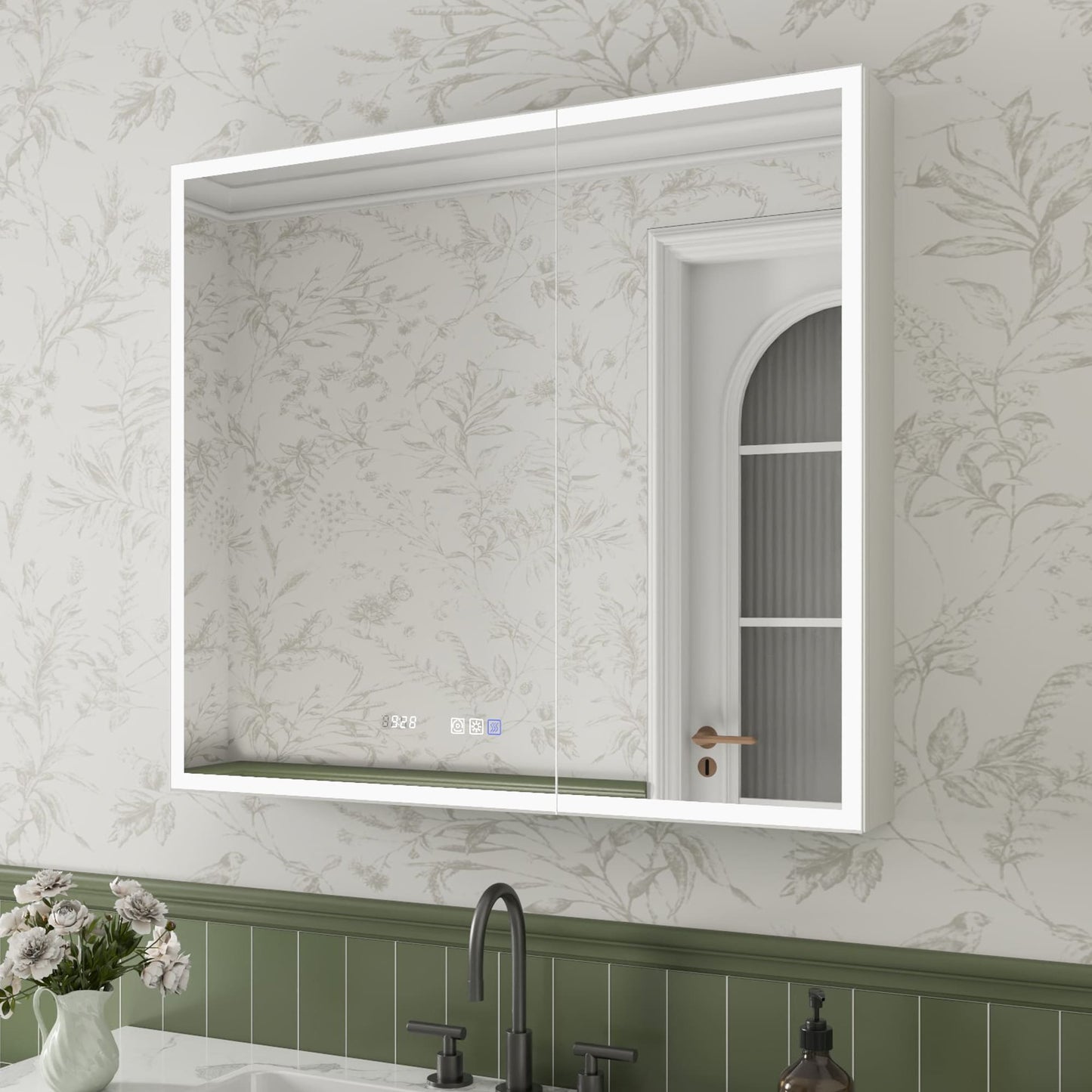 ExBrite Luvia 36-in x 32-in Lighted LED Fog Free Surface/Recessed Mount Silver Mirrored Soft Close Medicine Cabinet with Outlet