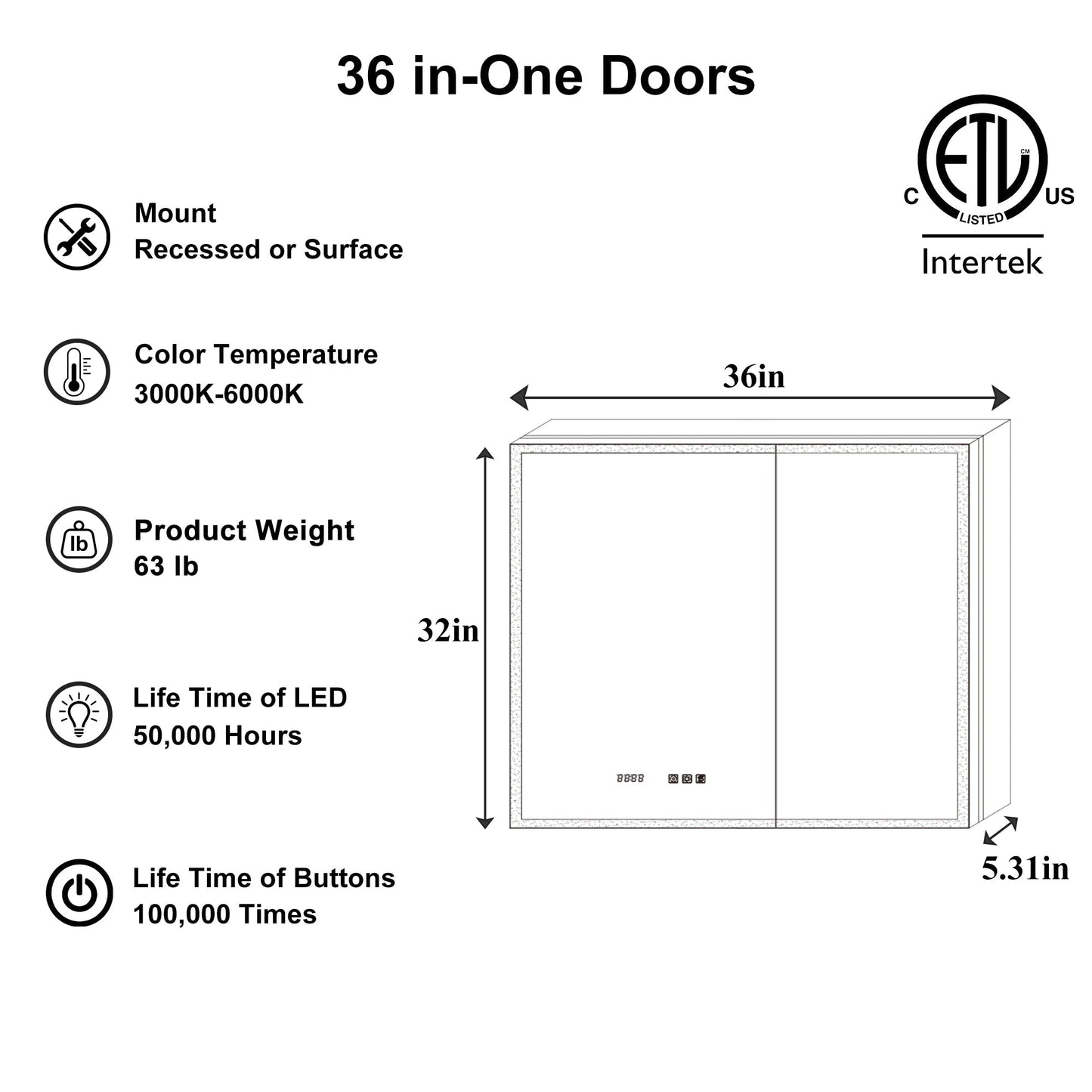 ExBrite Luvia 36-in x 32-in Lighted LED Fog Free Surface/Recessed Mount Silver Mirrored Soft Close Medicine Cabinet with Outlet