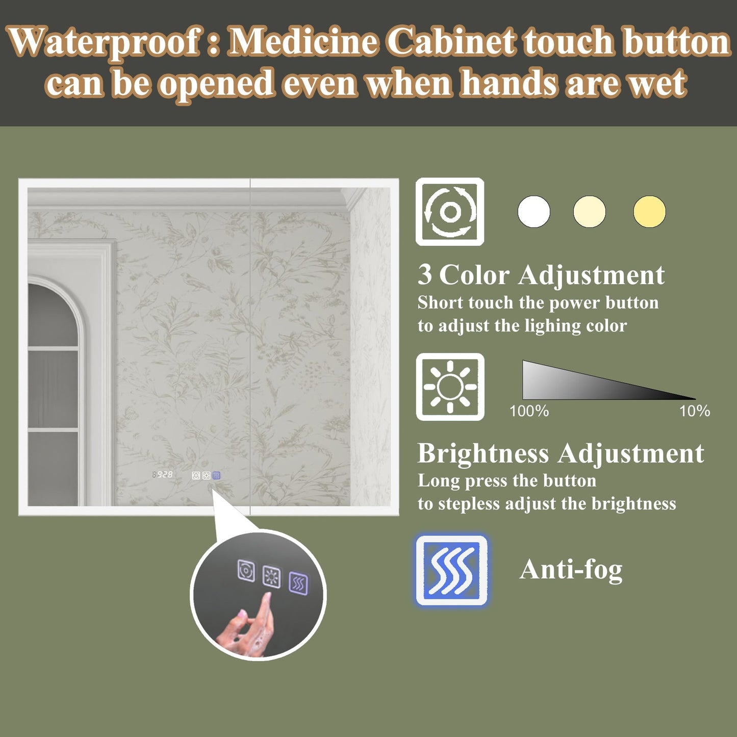 ExBrite Luvia 36-in x 32-in Lighted LED Fog Free Surface/Recessed Mount Silver Mirrored Soft Close Medicine Cabinet with Outlet