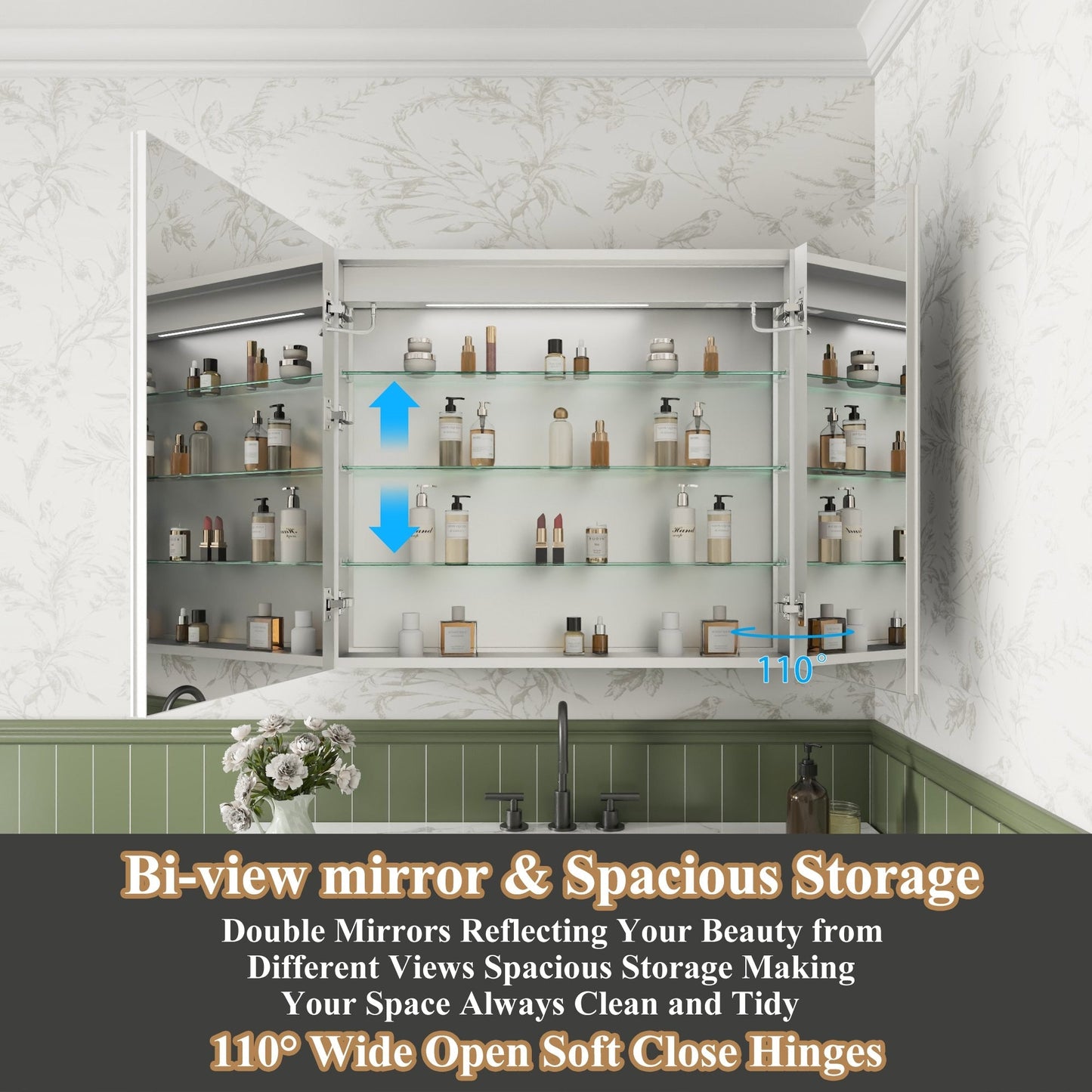 ExBrite Luvia 36-in x 32-in Lighted LED Fog Free Surface/Recessed Mount Silver Mirrored Soft Close Medicine Cabinet with Outlet