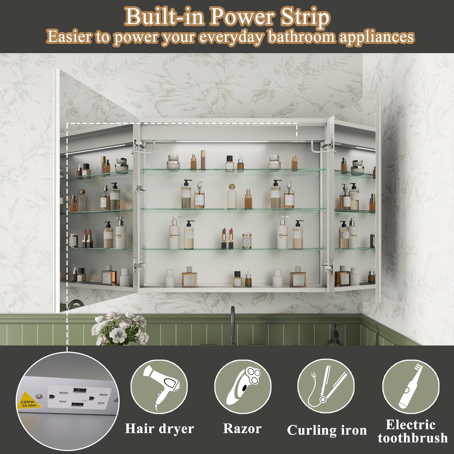 ExBrite Luvia 36-in x 32-in Lighted LED Fog Free Surface/Recessed Mount Silver Mirrored Soft Close Medicine Cabinet with Outlet
