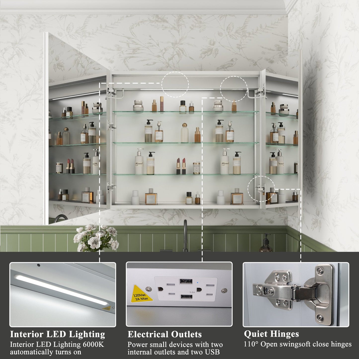 ExBrite Luvia 36-in x 32-in Lighted LED Fog Free Surface/Recessed Mount Silver Mirrored Soft Close Medicine Cabinet with Outlet