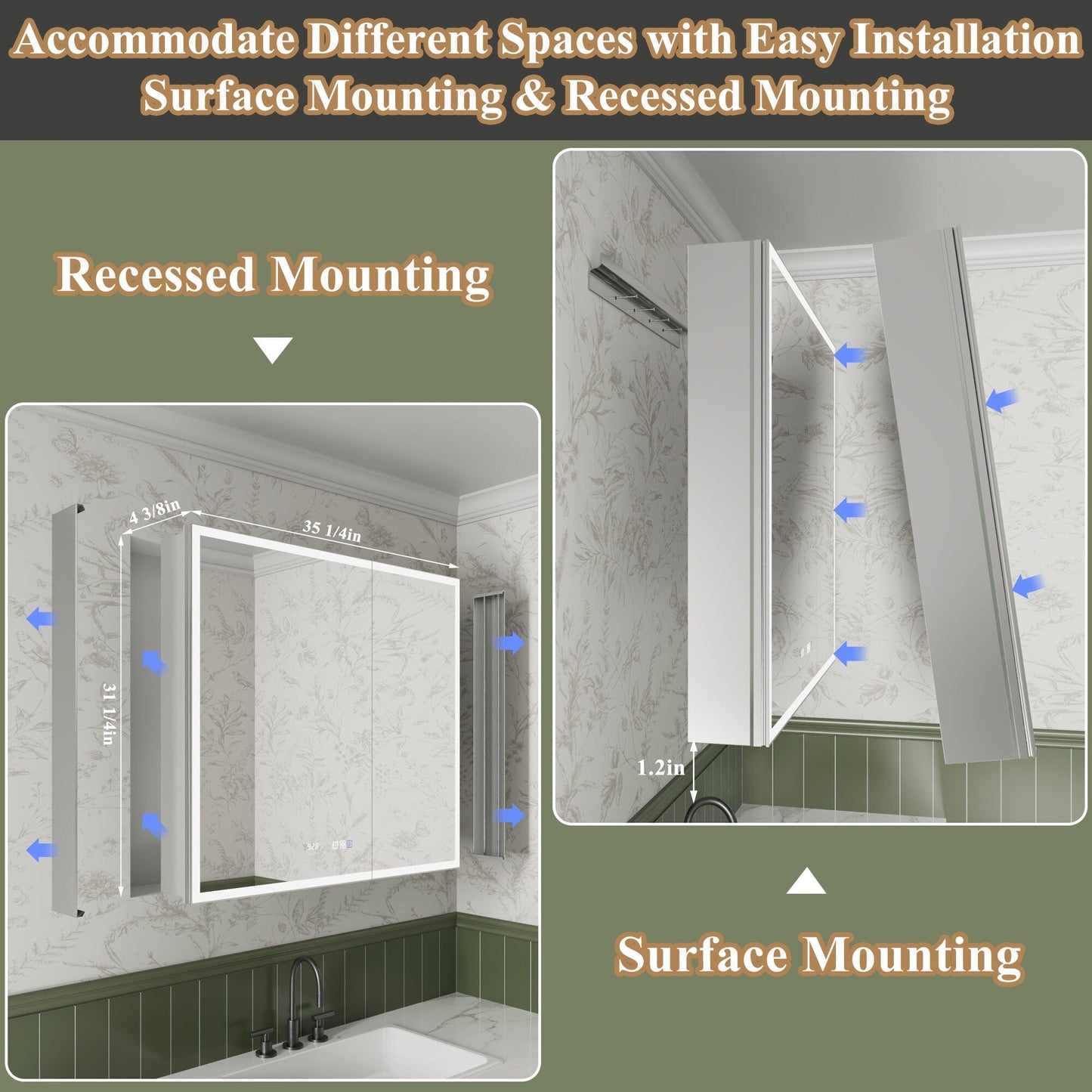 ExBrite Luvia 36-in x 32-in Lighted LED Fog Free Surface/Recessed Mount Silver Mirrored Soft Close Medicine Cabinet with Outlet