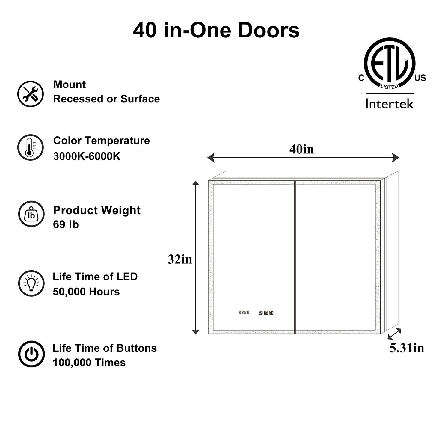 ExBrite Luvia 40-in x 32-in Lighted LED Fog Free Surface/Recessed Mount Silver Mirrored Soft Close Medicine Cabinet with Outlet
