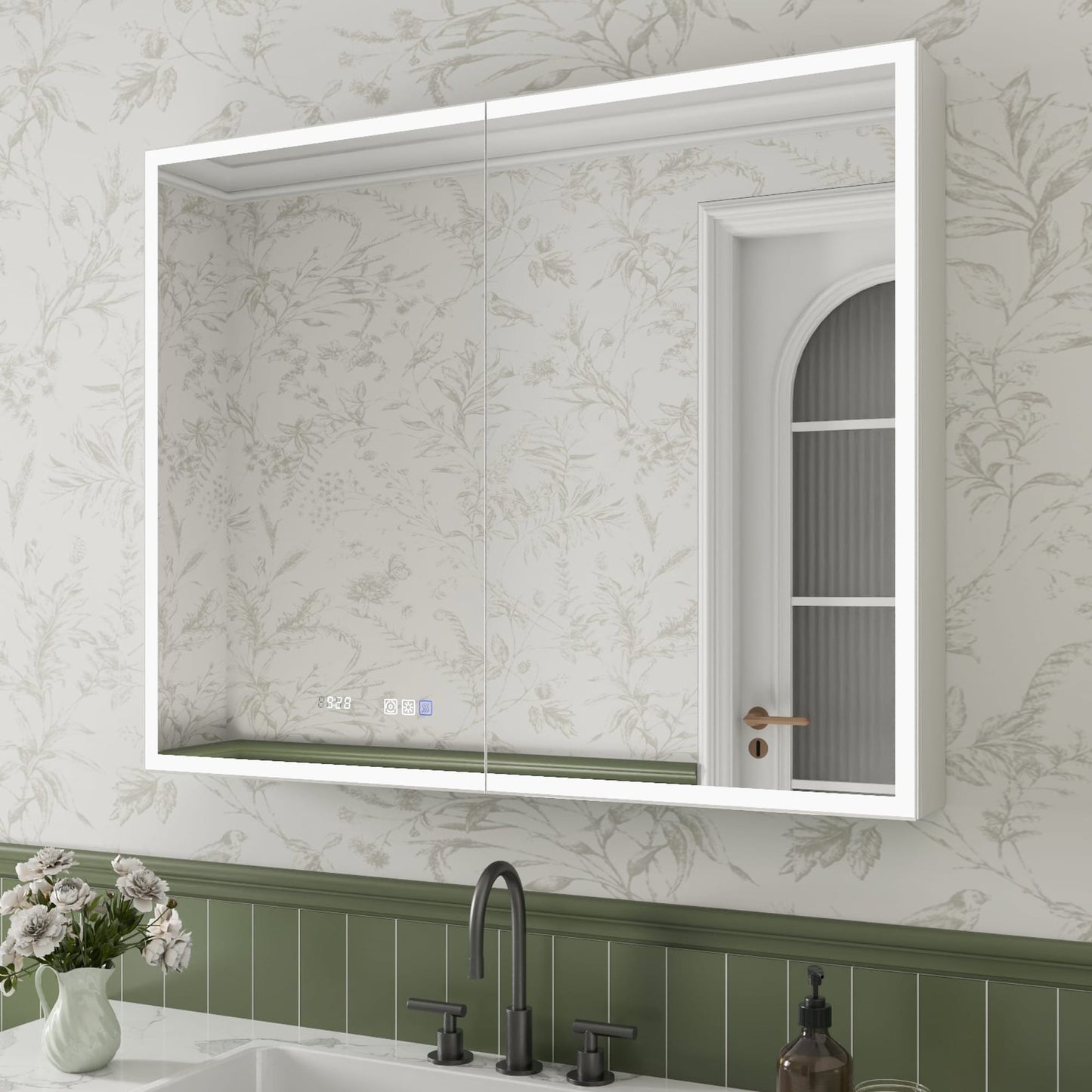 ExBrite Luvia 40-in x 32-in Lighted LED Fog Free Surface/Recessed Mount Silver Mirrored Soft Close Medicine Cabinet with Outlet