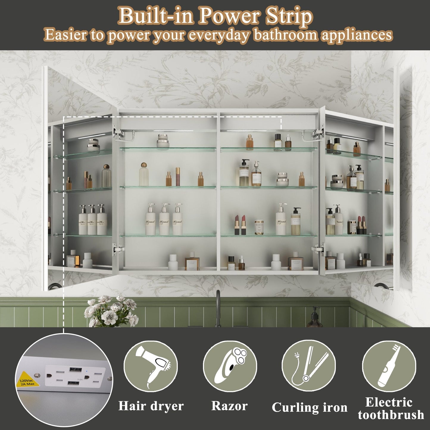 ExBrite Luvia 40-in x 32-in Lighted LED Fog Free Surface/Recessed Mount Silver Mirrored Soft Close Medicine Cabinet with Outlet