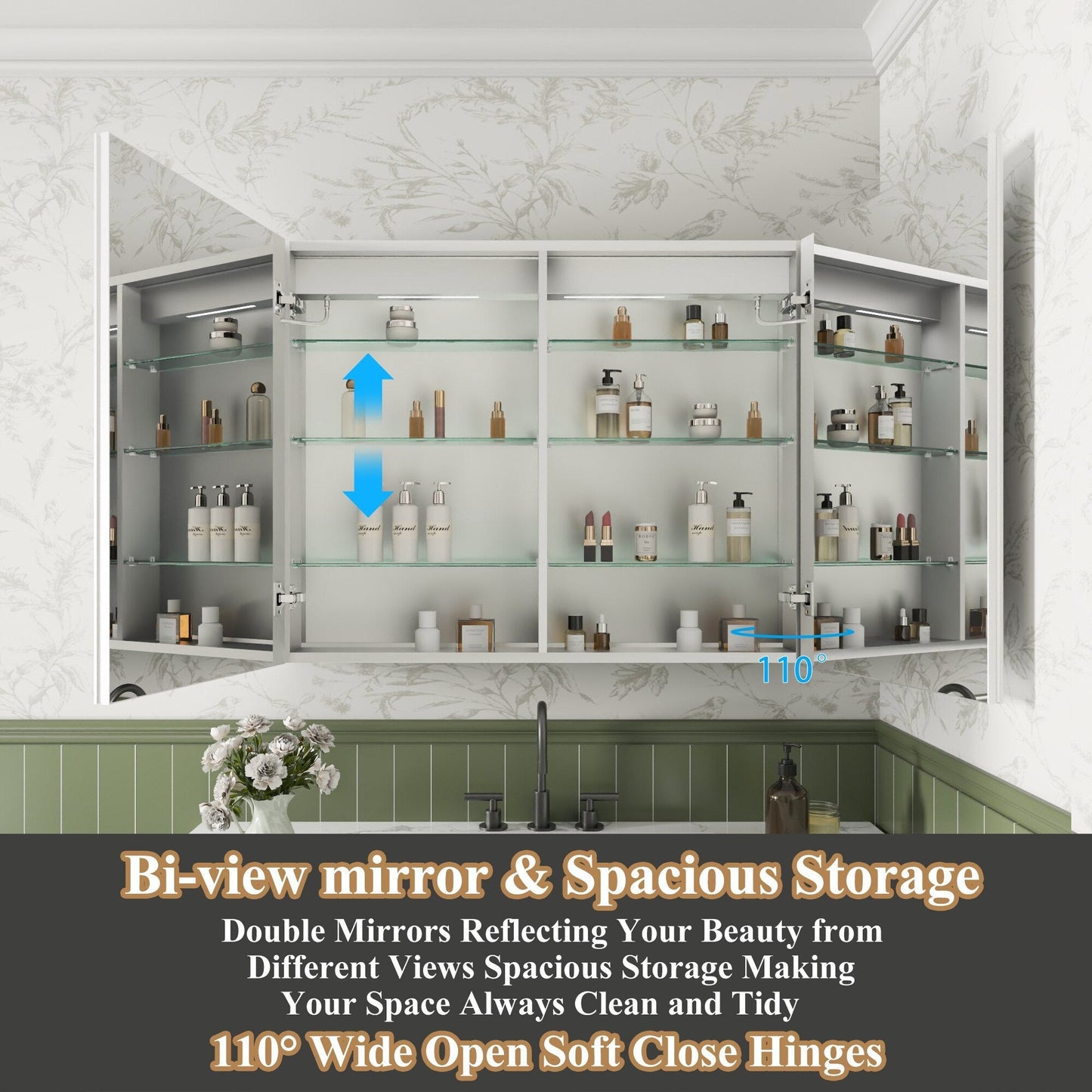 ExBrite Luvia 40-in x 32-in Lighted LED Fog Free Surface/Recessed Mount Silver Mirrored Soft Close Medicine Cabinet with Outlet