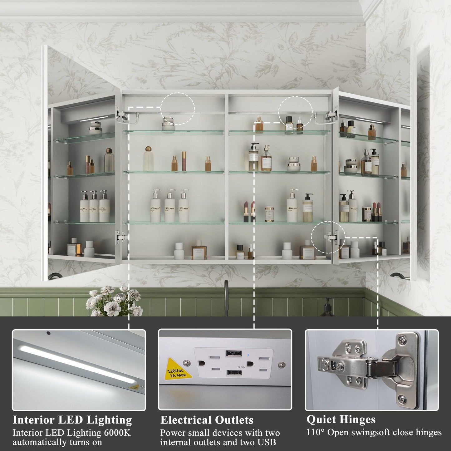 ExBrite Luvia 40-in x 32-in Lighted LED Fog Free Surface/Recessed Mount Silver Mirrored Soft Close Medicine Cabinet with Outlet