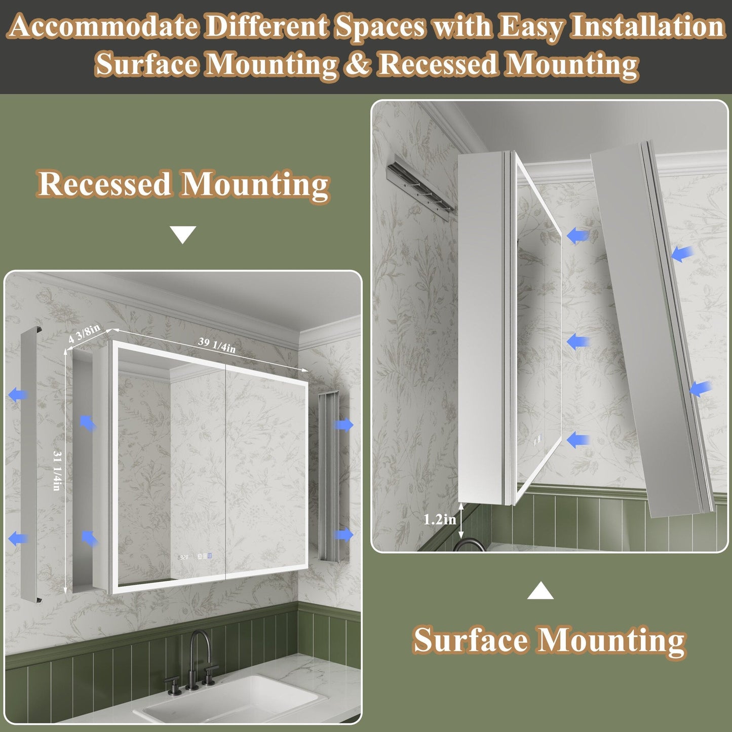 ExBrite Luvia 40-in x 32-in Lighted LED Fog Free Surface/Recessed Mount Silver Mirrored Soft Close Medicine Cabinet with Outlet