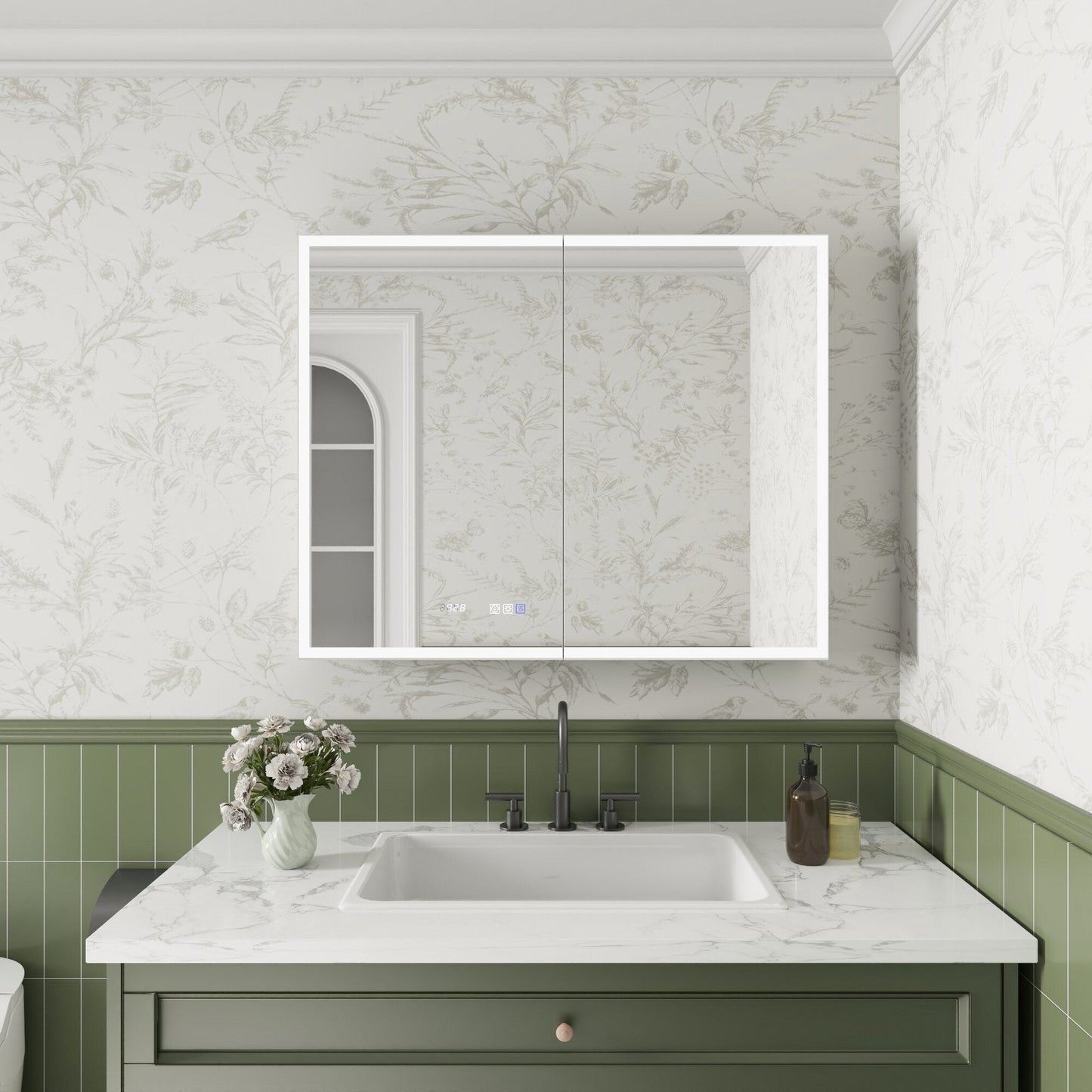 ExBrite Luvia 40-in x 32-in Lighted LED Fog Free Surface/Recessed Mount Silver Mirrored Soft Close Medicine Cabinet with Outlet