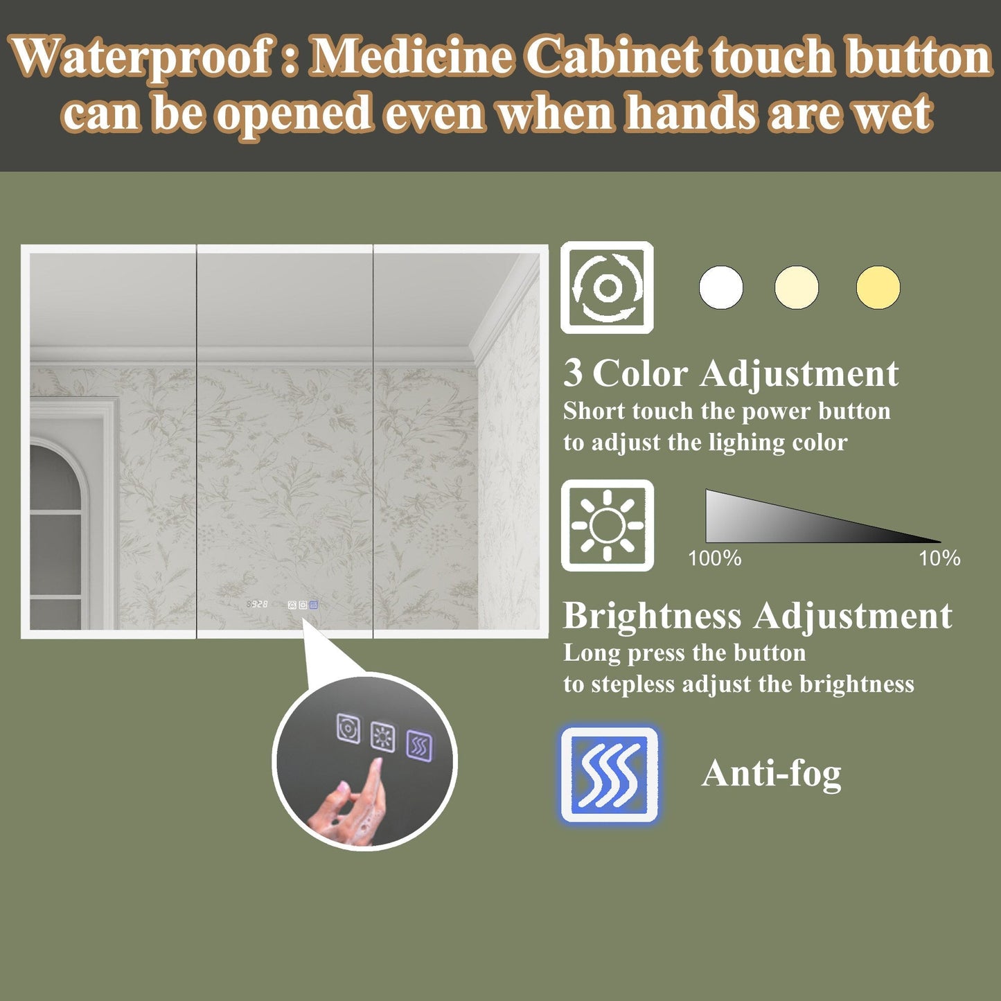 ExBrite Luvia 48-in x 36-in Lighted LED Fog Free Surface/Recessed Mount Silver Mirrored Soft Close Medicine Cabinet with Outlet