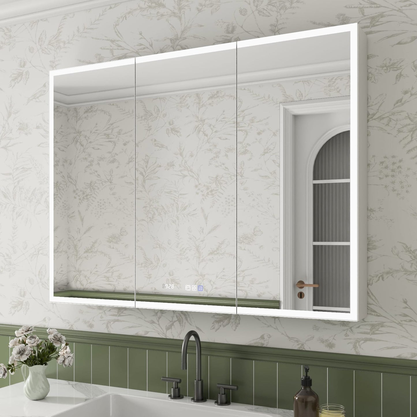 ExBrite Luvia 48-in x 36-in Lighted LED Fog Free Surface/Recessed Mount Silver Mirrored Soft Close Medicine Cabinet with Outlet