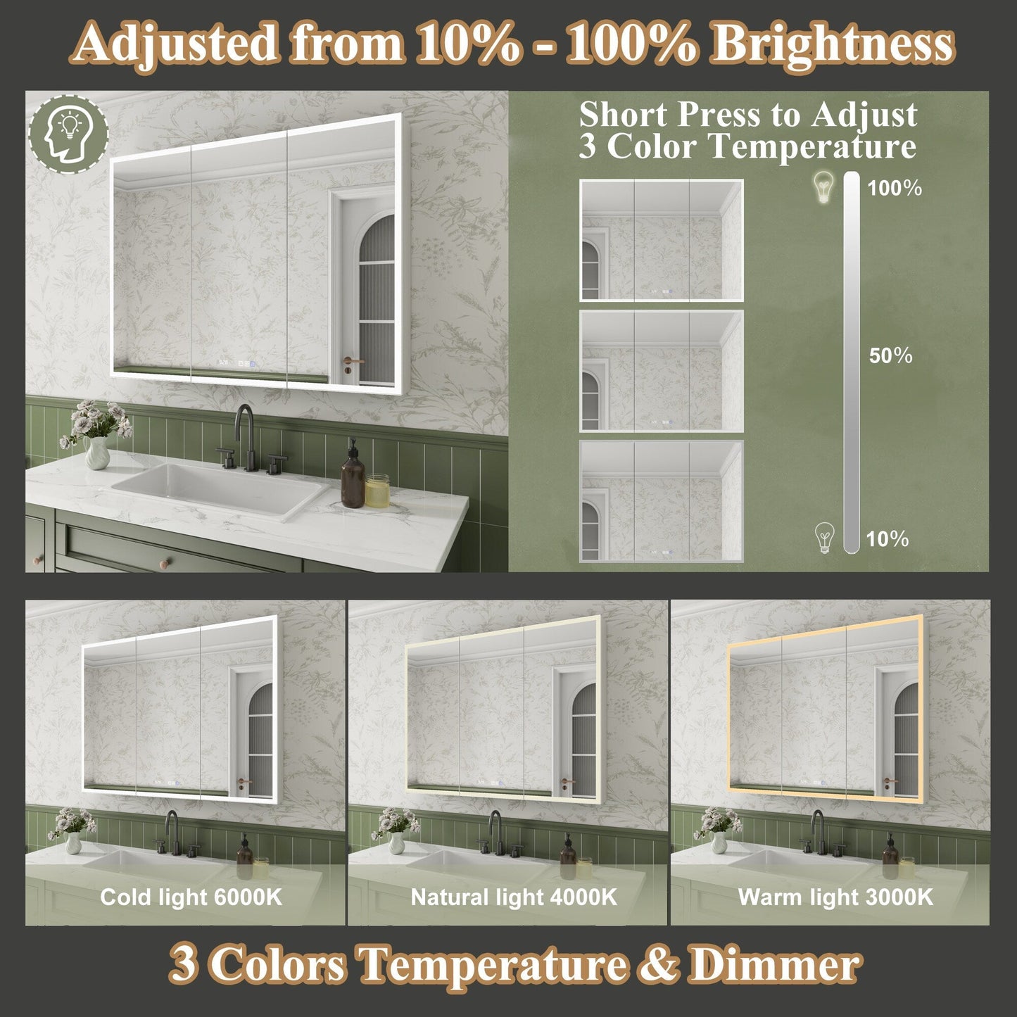 ExBrite Luvia 48-in x 36-in Lighted LED Fog Free Surface/Recessed Mount Silver Mirrored Soft Close Medicine Cabinet with Outlet