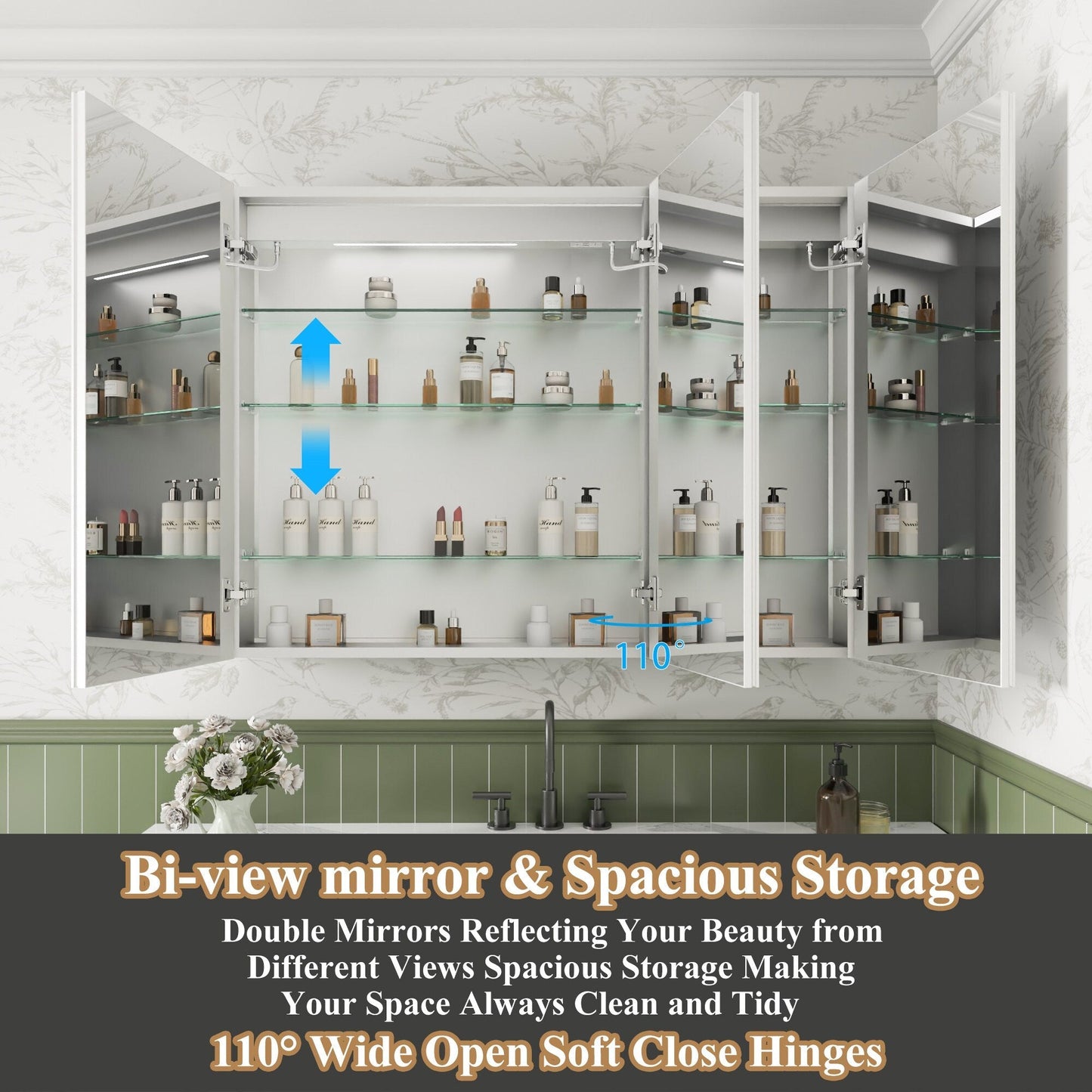 ExBrite Luvia 48-in x 36-in Lighted LED Fog Free Surface/Recessed Mount Silver Mirrored Soft Close Medicine Cabinet with Outlet