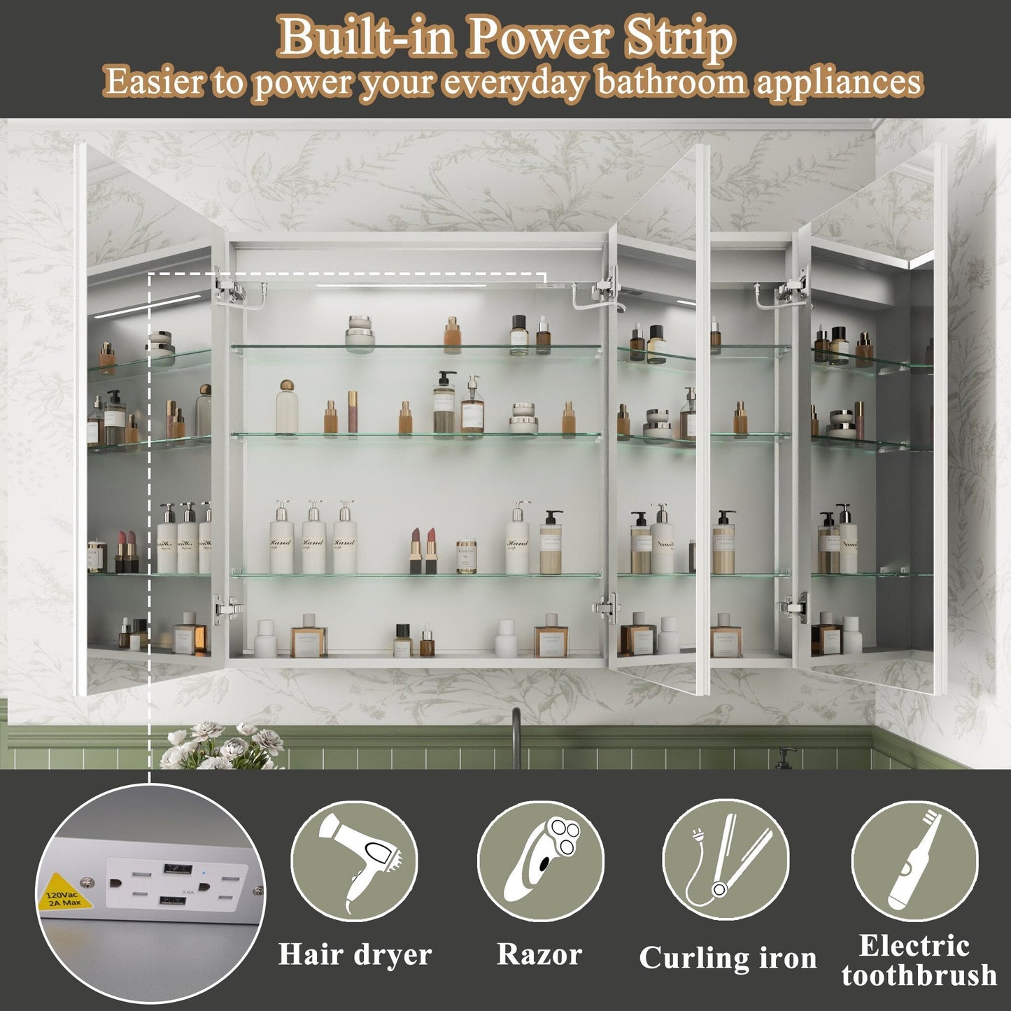 ExBrite Luvia 48-in x 36-in Lighted LED Fog Free Surface/Recessed Mount Silver Mirrored Soft Close Medicine Cabinet with Outlet