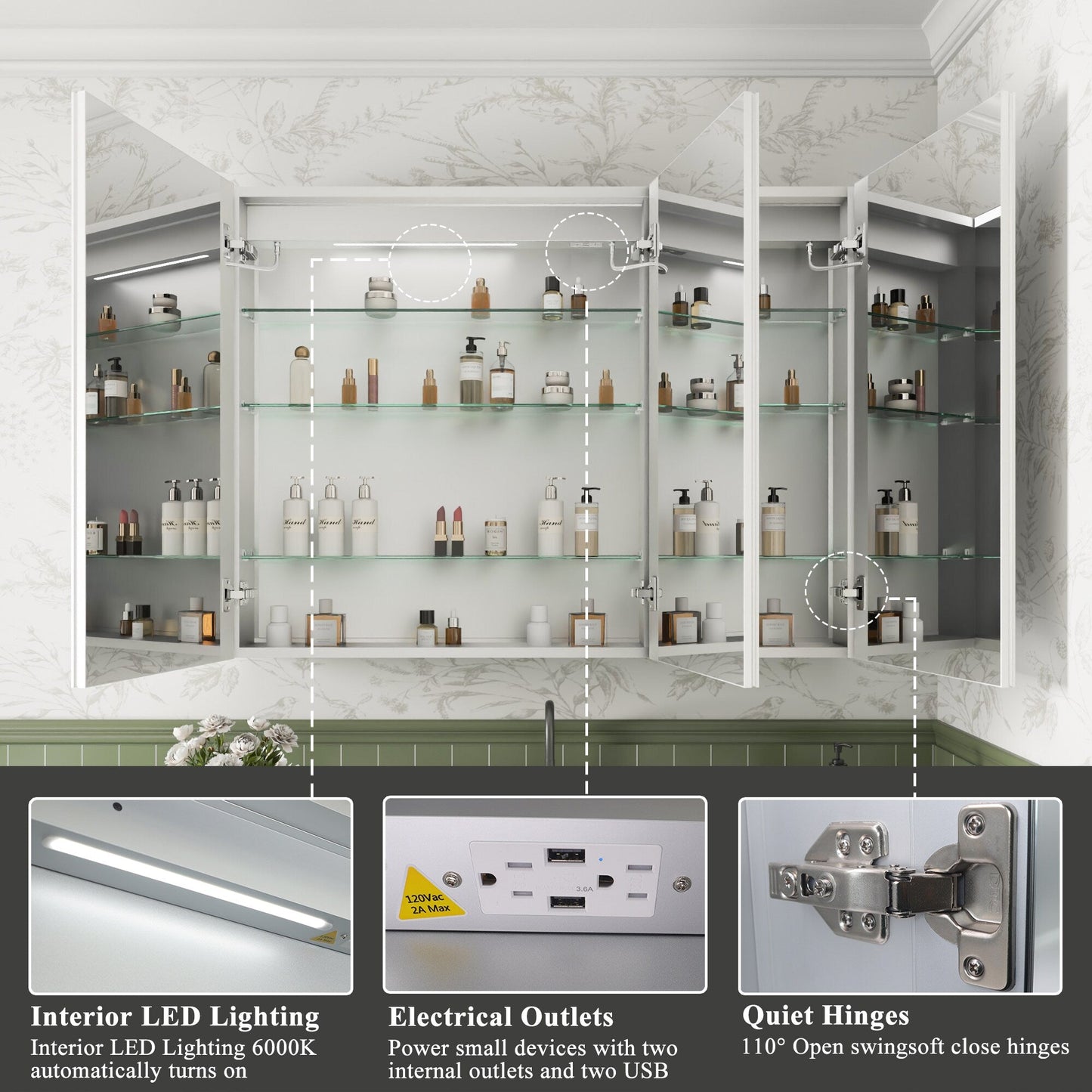 ExBrite Luvia 48-in x 36-in Lighted LED Fog Free Surface/Recessed Mount Silver Mirrored Soft Close Medicine Cabinet with Outlet