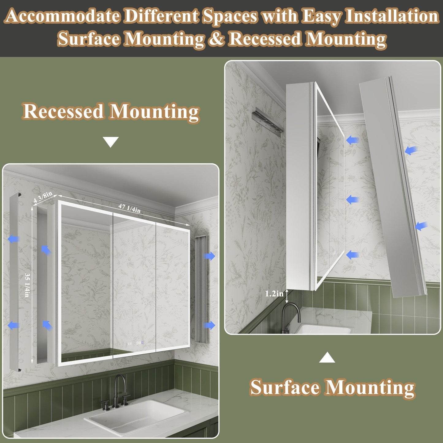 ExBrite Luvia 48-in x 36-in Lighted LED Fog Free Surface/Recessed Mount Silver Mirrored Soft Close Medicine Cabinet with Outlet