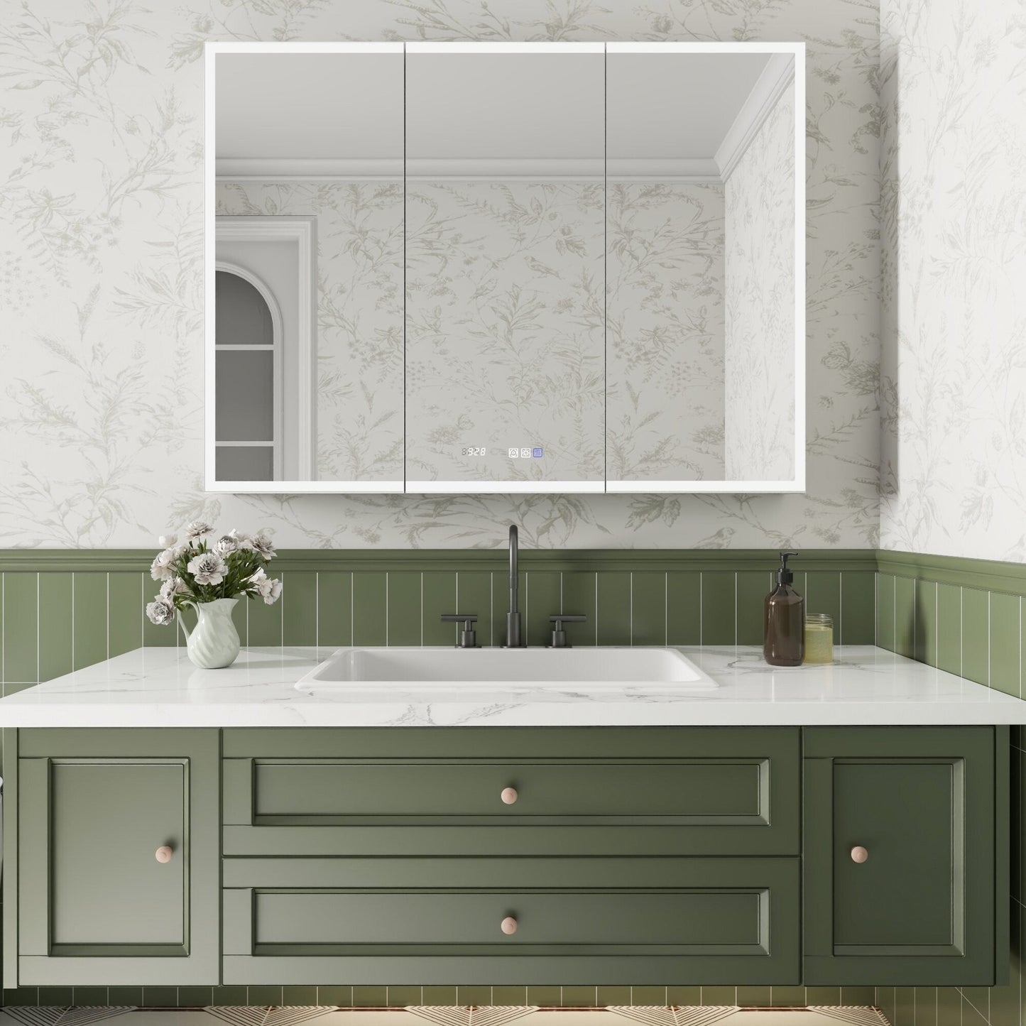 ExBrite Luvia 48-in x 36-in Lighted LED Fog Free Surface/Recessed Mount Silver Mirrored Soft Close Medicine Cabinet with Outlet
