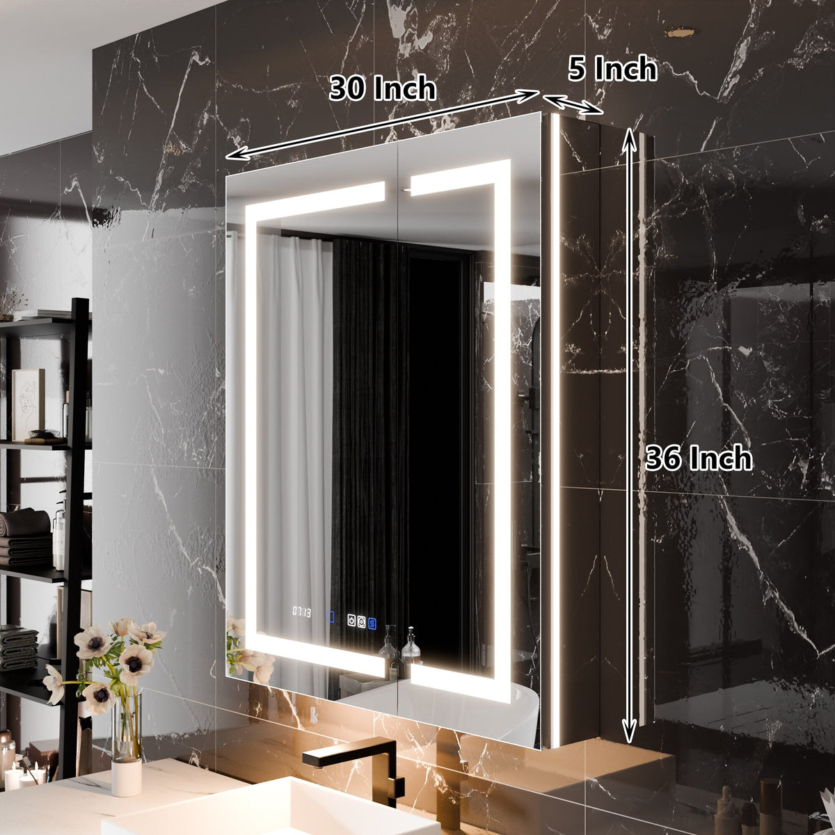 AAZJ EX11 30-in x 36-in Lighted LED Fog Free Surface/Recessed Mount Silver Mirrored Soft Close Medicine Cabinet