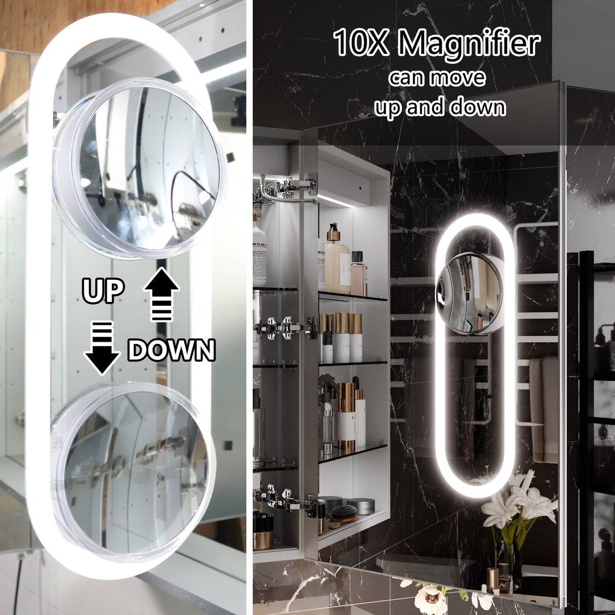AAZJ EX11 24-in x 36-in Lighted LED Fog Free Surface/Recessed Mount Silver Mirrored Soft Close Medicine Cabinet with Outlet