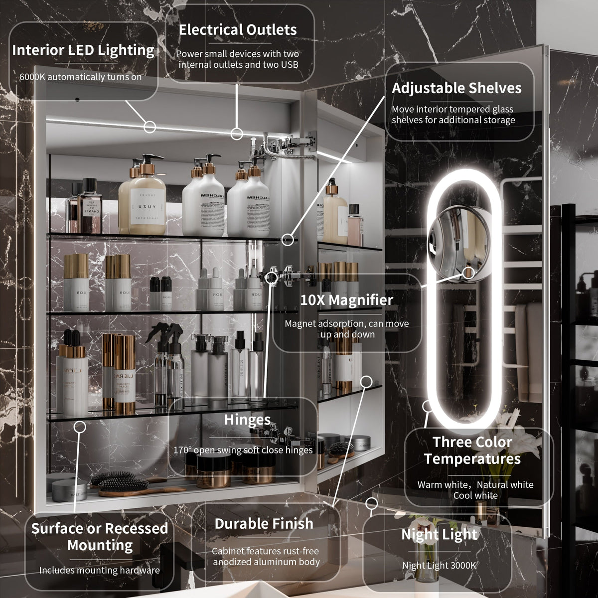 AAZJ EX11 24-in x 36-in Lighted LED Fog Free Surface/Recessed Mount Silver Mirrored Soft Close Medicine Cabinet with Outlet