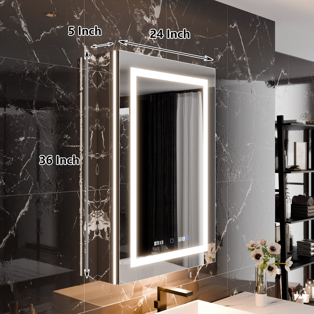 AAZJ EX11 24-in x 36-in Lighted LED Fog Free Surface/Recessed Mount Silver Mirrored Soft Close Medicine Cabinet with Outlet