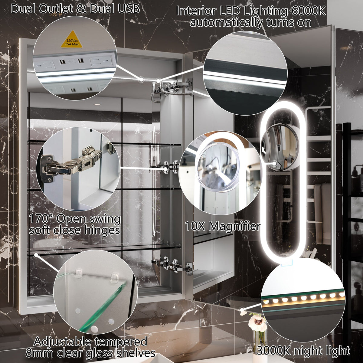 AAZJ EX11 24-in x 36-in Lighted LED Fog Free Surface/Recessed Mount Silver Mirrored Soft Close Medicine Cabinet with Outlet