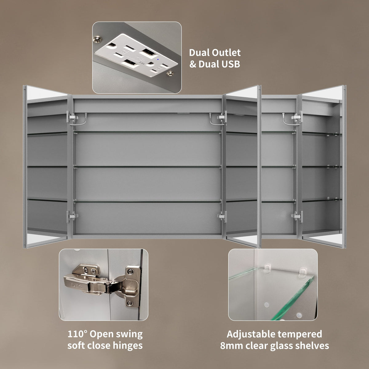 AAZJ V4 48-in x 30-in Lighted LED Fog Free Surface/Recessed Mount Silver Soft Close Medicine Cabinet