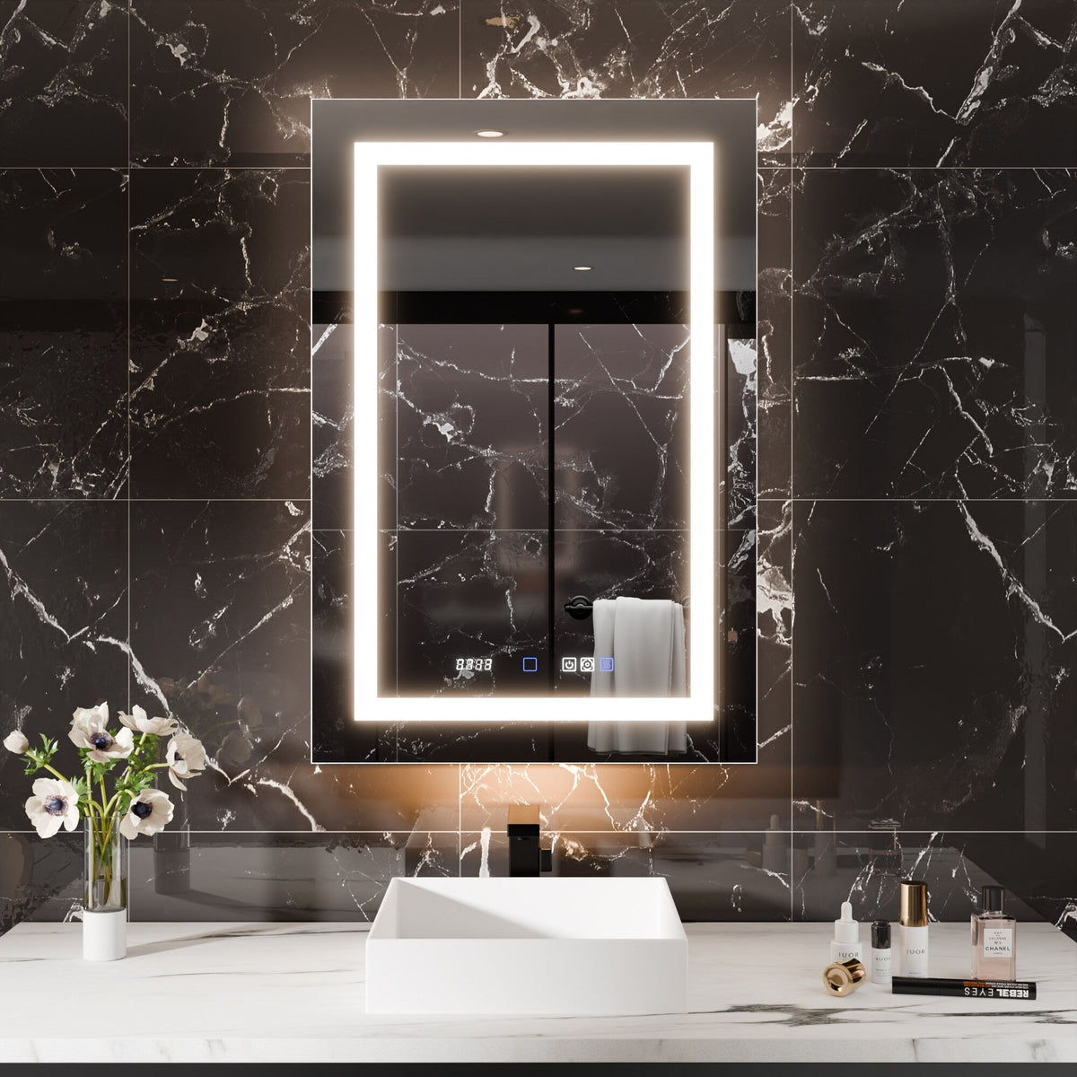AAZJ EX11 24-in x 36-in Lighted LED Fog Free Surface/Recessed Mount Silver Mirrored Soft Close Medicine Cabinet with Outlet