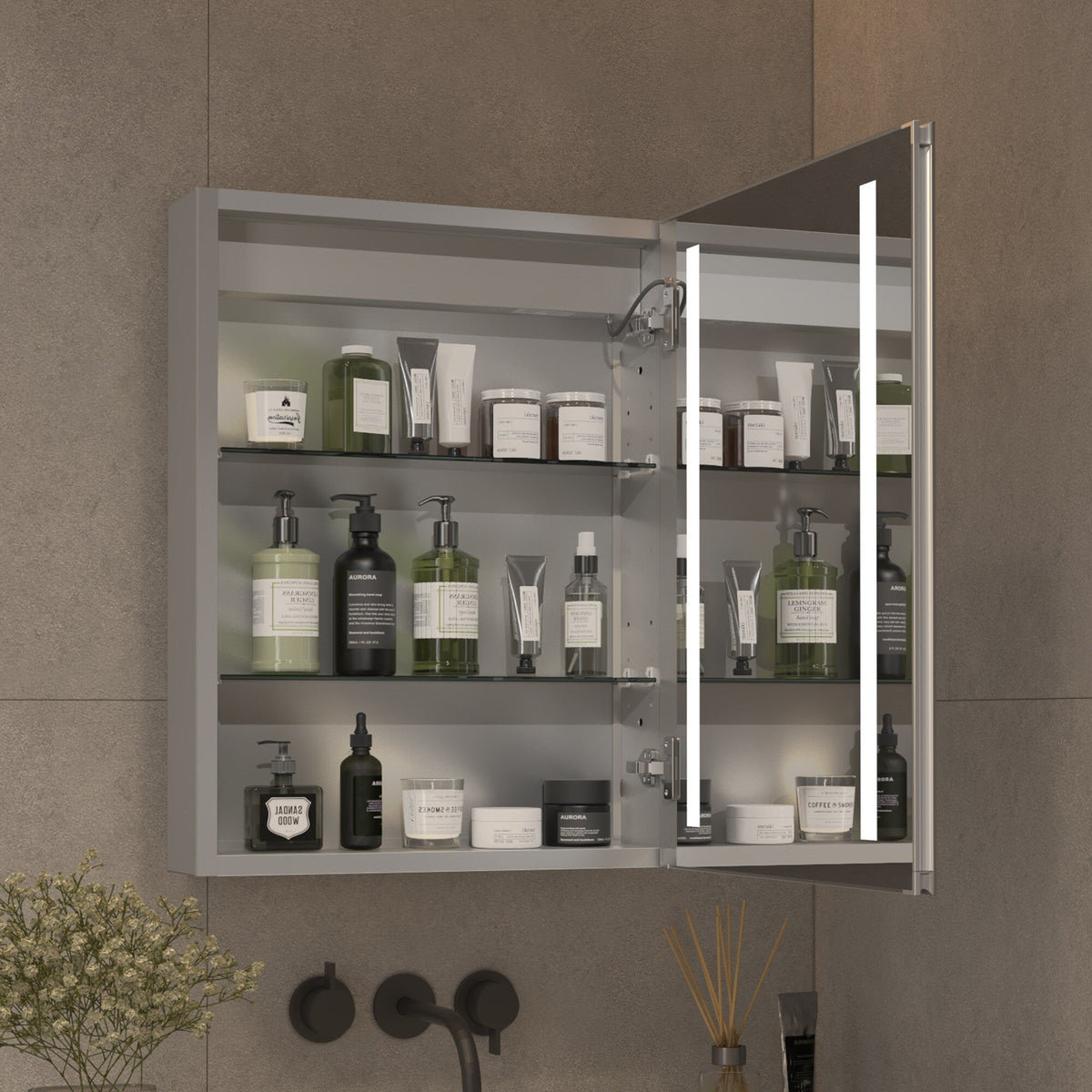 AAZJ V4 20-in x 26-in Lighted LED Fog Free Surface/Recessed Mount Silver Mirrored Medicine Cabinet