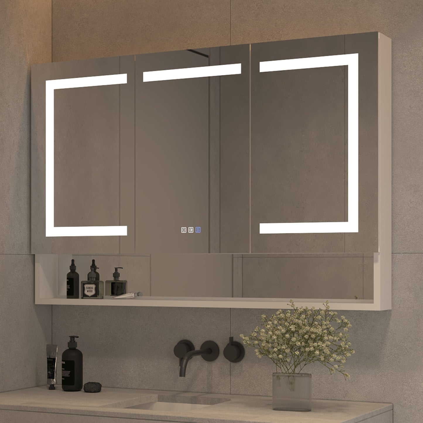 Forclover 48-in x 32-in Lighted LED Fog Free Surface Mount Silver Mirrored Soft Close Medicine Cabinet with Outlet