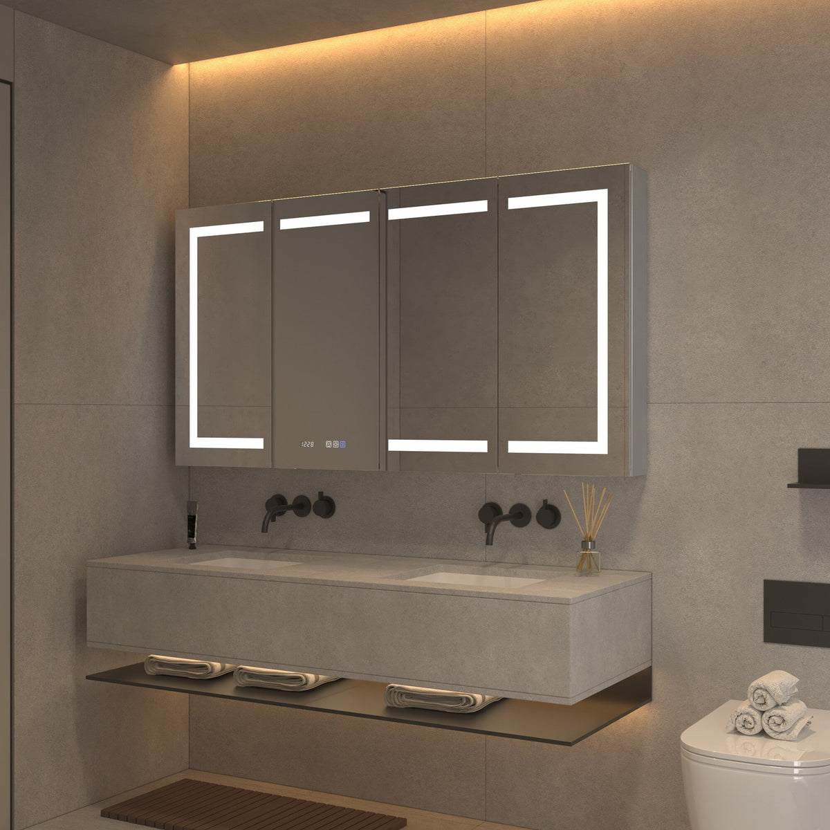 AAZJ V4 60-in x 32-in Lighted LED Fog Free Surface/Recessed Mount Silver Mirrored Soft Close Medicine Cabinet