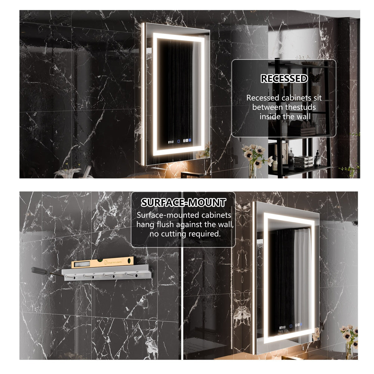 AAZJ EX11 24-in x 36-in Lighted LED Fog Free Surface/Recessed Mount Silver Mirrored Soft Close Medicine Cabinet with Outlet