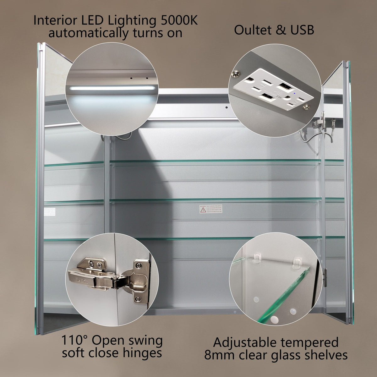 AAZJ V4 30-in x 30-in Lighted LED Fog Free Surface/Recessed Mount Silver Soft Close Medicine Cabinet
