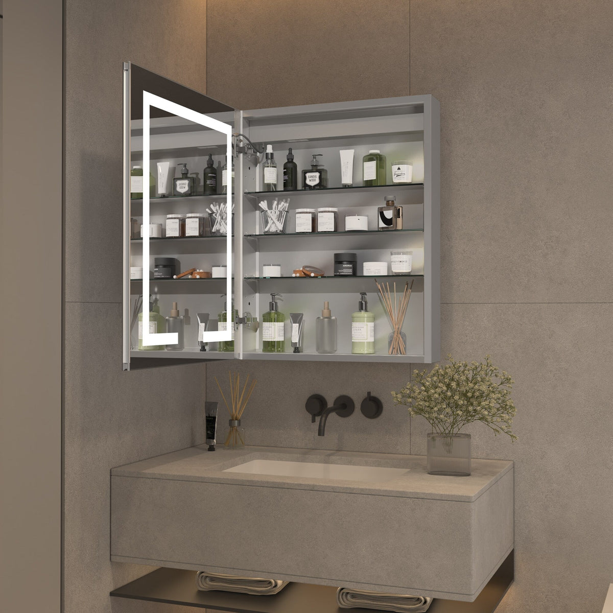 AAZJ V4 24-in x 30-in Lighted LED Fog Free Surface/Recessed Mount Silver Mirrored Soft Close Medicine Cabinet
