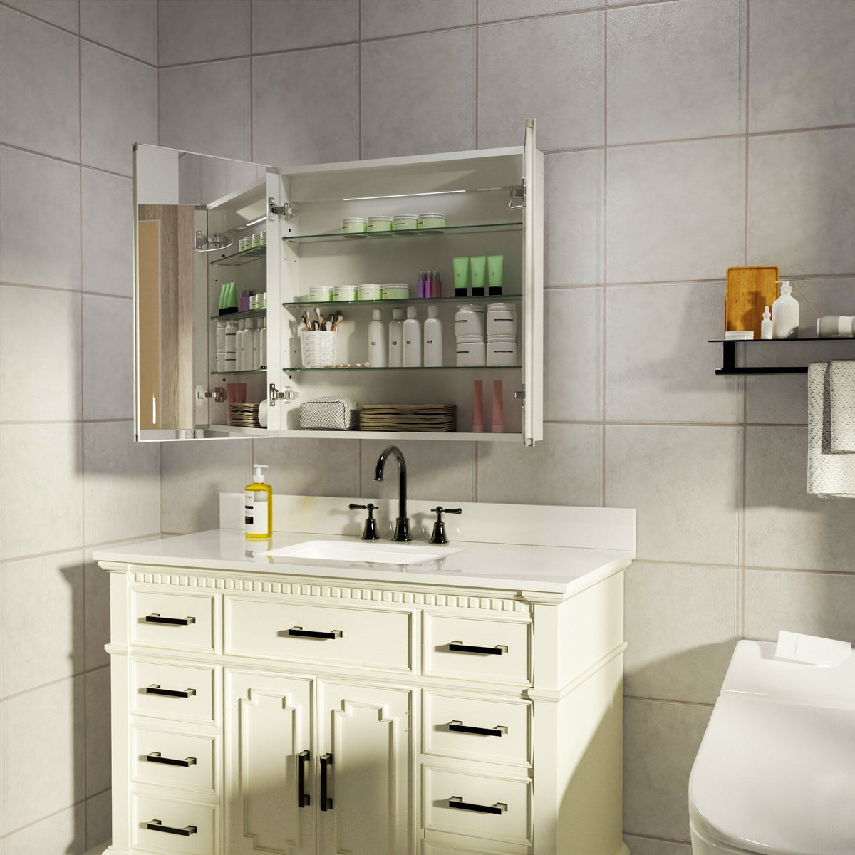 AAZJ V4 30-in x 30-in Lighted LED Fog Free Surface/Recessed Mount Silver Soft Close Medicine Cabinet